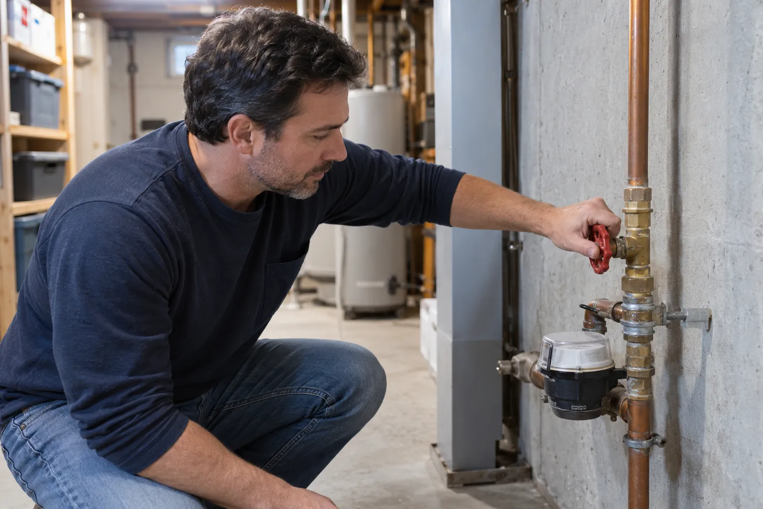 Homeowner closing a main water shutoff valve in a basement